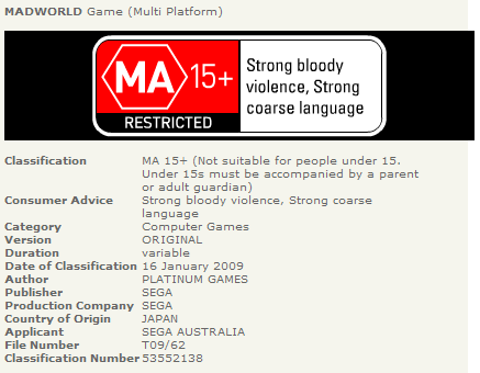 MadWorld rated &quote;18&quote; by the BBFC, 15+ by the OFLC